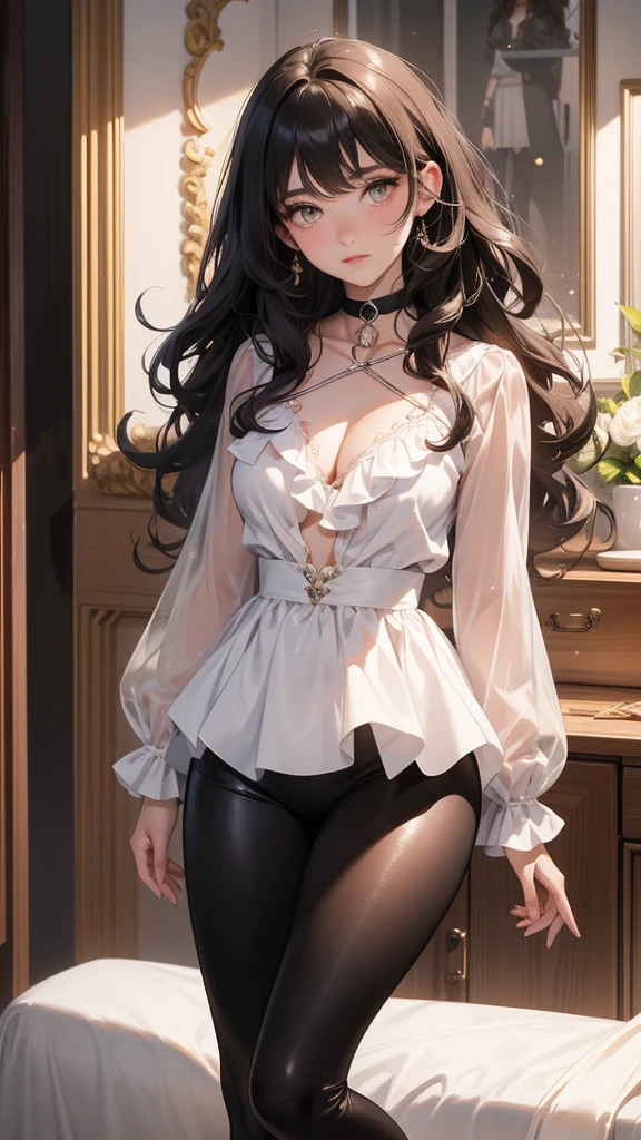 ( adult  woman), big hair, curly hair, Bblack hair; break; yellow eyes, rosto angelical, gorgeous face, blushed face; rosto ultra detaild; break ; pink and white loose blouse, black leggings, wearing high brown leather boots, choker ; break ; (best qualityer), ((ultra detaild)), (best resolution, ( 4K ) soft strokes, role model, work of art, closes ; break ; (cozy room in the back