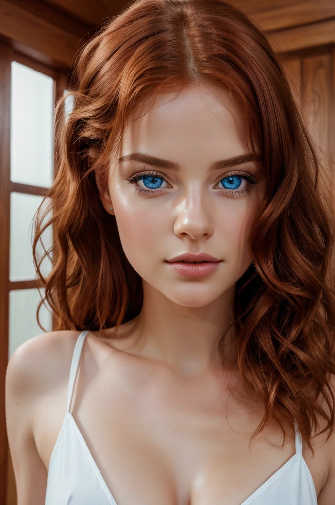 8k, raw photo, best quality, masterpiece, realistic, photo realistic, clear, professional lighting, beautiful face, best quality,ultra high res, realistic european beautiful, blue eyes, wavy red hair, cupid's bow lips,Super detailed, 1girl, indoor, dutch angle