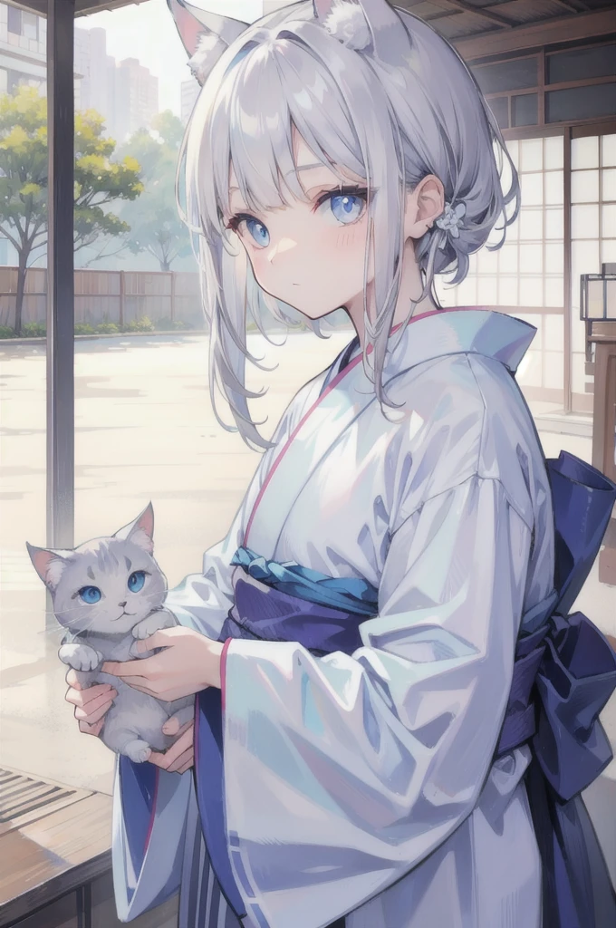 Gray Hair，Light blue eyes，Holding a cat，yukata，Young face，Cat ear