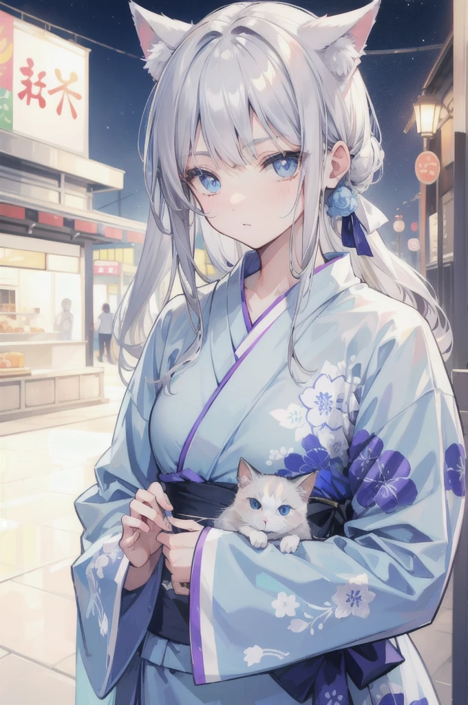 Gray Hair,Light blue eyes,Holding a cat,yukata,Young face,Cat ear