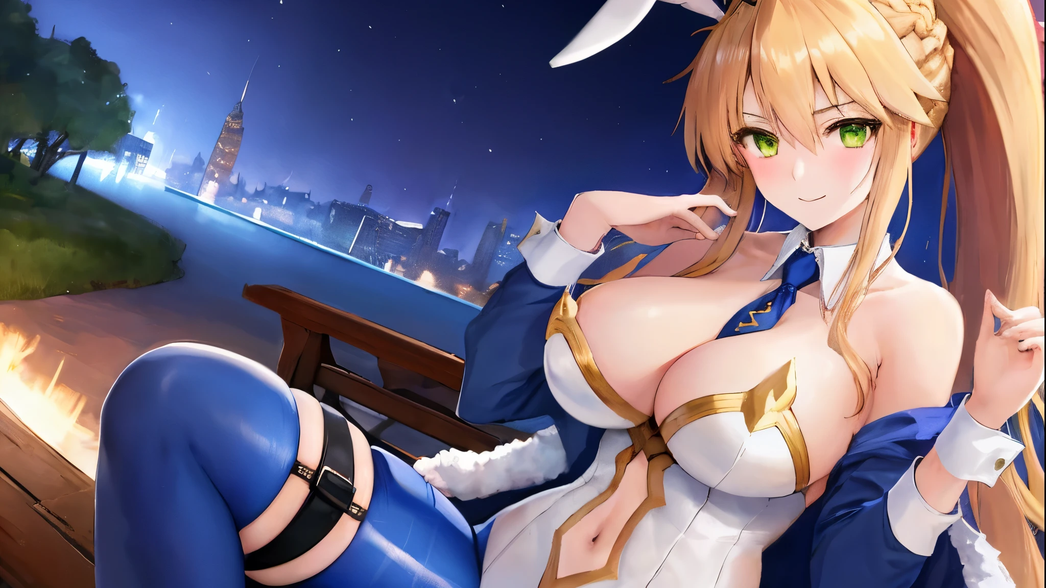masterpiece, best quality, absurdres, soft lighting, looking at viewer, solo, light_smile, shy,
1girl, ahoge, rabbit ears, playboy bunny, artoria pendragon \(swimsuit ruler\) \(fate\), large breasts , blonde hair, green eyes, french braid, pony tail
bare shoulders, large breasts , cleavage,
clothing cut out, wrist cuffs, detached collar, navel cutout, feather boa,
white leotard, blue necktie, blue pantyhose, single thigh strap, hands_on_head,put_hands_up,
squat,gorgeous_fountain_landscape_background,solo,rabbit_posing,large_thighs,Extend_fingers,palm,open_legs,.solo