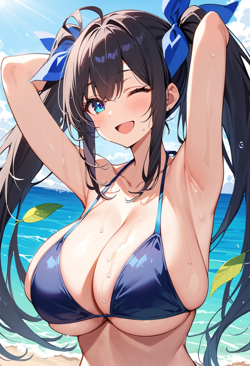 Chomiku Plus Style, blue eyes,  Raise the hand, smile, blue null, Wet, Ocean, Twin tails, Black Hair, leaf, One girl, Outdoor, blue ribbon, Open your mouth, Close one eye, Beach, Skin Dentition, ribbon, Underarm, alone, Day, Huge breasts, Put your arms behind your head, Long Hair, Swimwear, bikini, hair ribbon, null