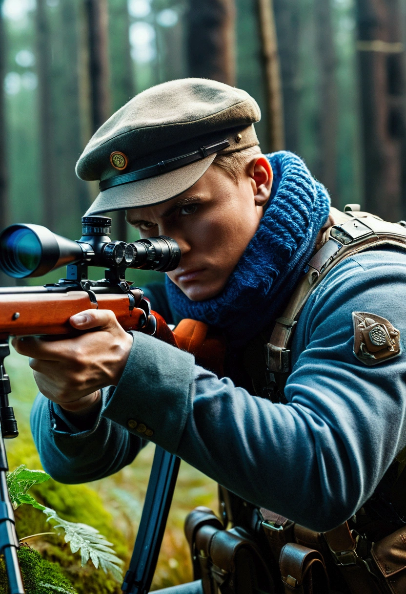 aiming Sniper, by Howard Pyle, full body, cinematic still, (best quality, masterpiece), very aesthetic, perfect composition, intricate details, ultra-detailed, vivid colors