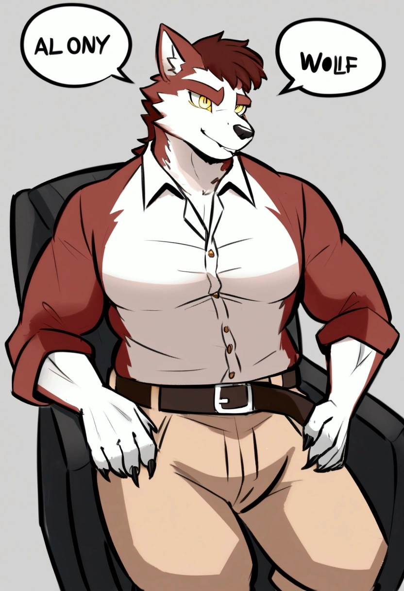 (Alone), (three headed wolf), adult male, ((masculine, furry, detailed eyes)), by dramamina:1.3, by disney, Obese, Gray background, button up, Cowboys, belt, Text balloons:1.5, correct hands, ultra detailed, pose natural, ((angry, arguing, bickering, ceñudo, eye contact:0.9)), barba, sitting in a recliner, yellow eyes