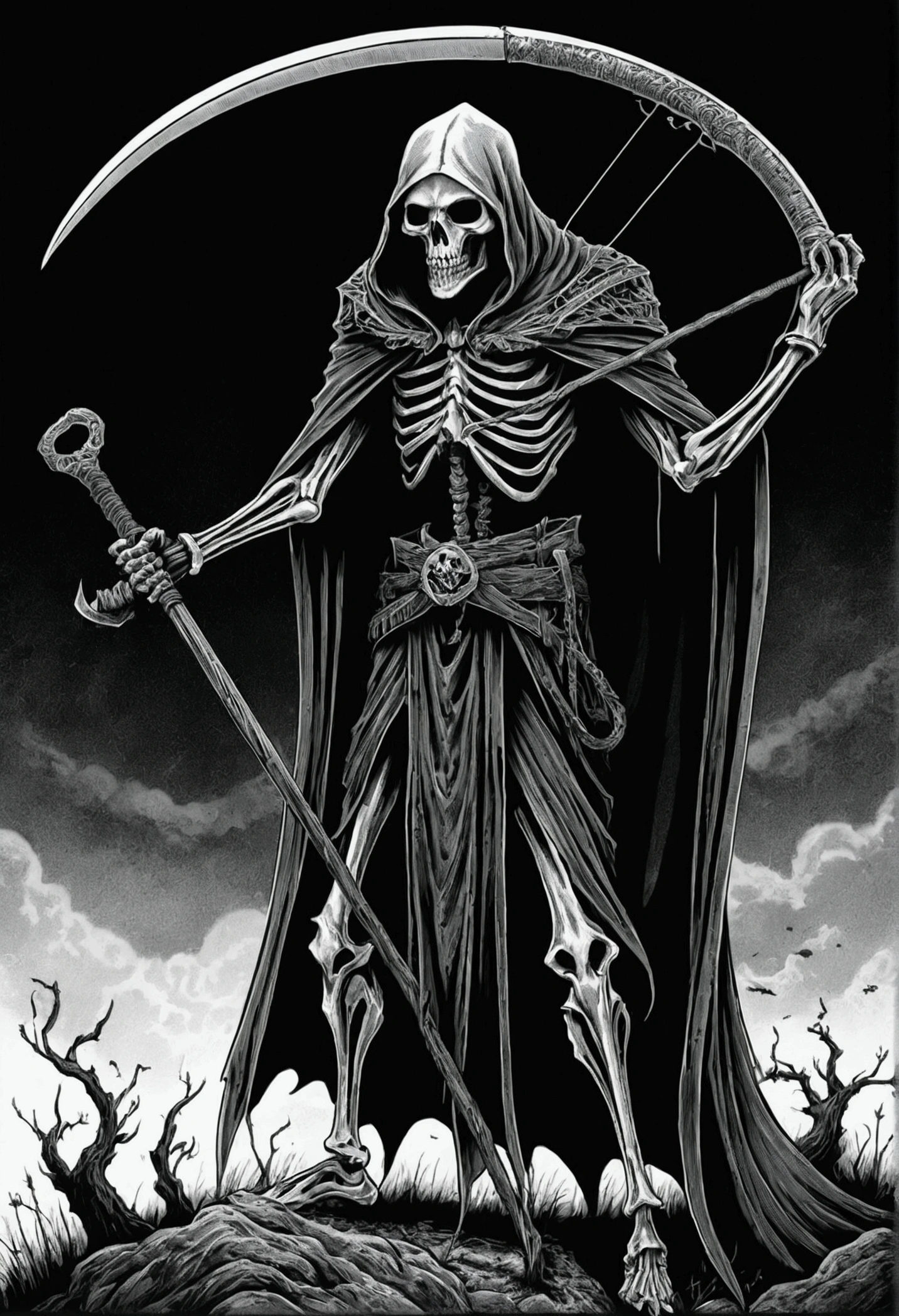 black and white drawing of a grimy grimy character holding a scythe, scythe design, mark riddick, just art for dark metal music, black metal band logo, grim reaper, scythe, detailed cover artwork, reaper, black metal logos, grim, the grim reaper, vvitch, eerie and grim art style, the harbringer of death