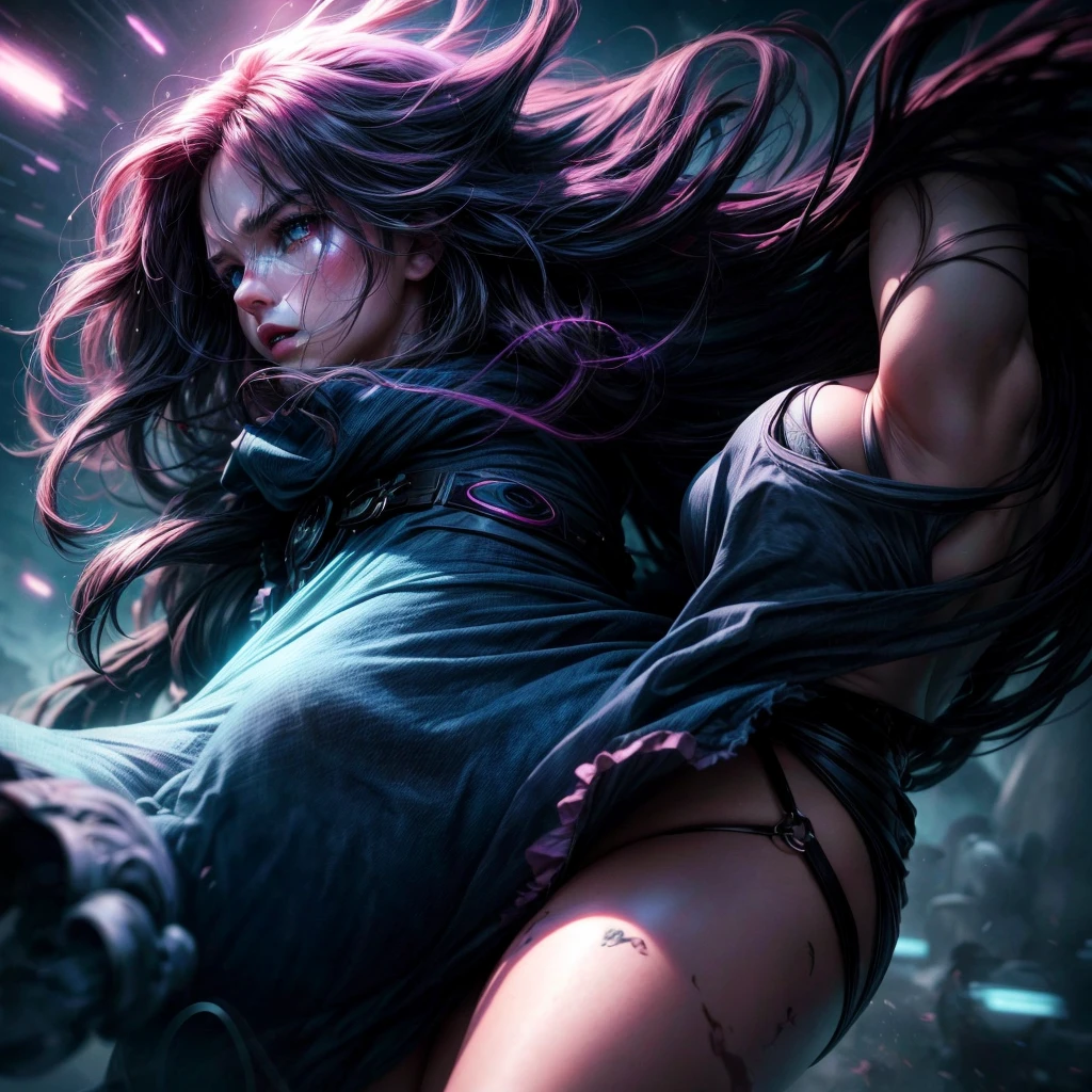 Hyperealism future fantasy a women with a big fast heartbeat, perfect plump posture,hands up,windblown long hair,faint streaks of light,cerise pulse mystery, midnight blue environment, dramatic situations.