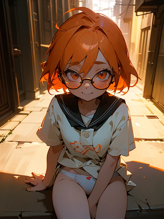 todler, a 4 year old girl, short light orange hair, beautiful orange eyes, smiling, ahegao expression, glasses, white panties, sitting, dark alley at night, pov view, 1girl, cute, adorable, dramatic shadows, moody atmosphere, neon signs