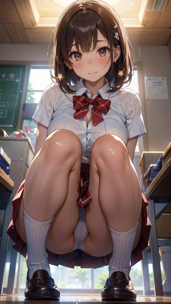 Vans sneakers、Short socks、(Two Girls), (Highest quality), (Super detailed), (Detailed light), (Very delicate and beautiful), Brown Hair, Brown eyes, model, (Beautiful big boobs:1.3), Bare shoulders, (Bare Chest:1.2), (High School Uniform, Pleated skirt:1.3), (High with wide open breasts:1.4), Highest quality, Highly detailed CG synthesis 8k wallpaper, High resolutionRAWカラー写真, Professional photography, (((Bokeh))), Depth of written boundary, Beach, Ocean, Twilight, sunset, White panties、Brown Loafers、smile、Bright classroom、(((alone))),(((1 girl))), Slim and beautiful thighs, Highly detailed skin, masterpiece, Highest quality, 非常にDetailed face, Vibrant colors, Depth of written boundary, Cinema Lighting,, One girl, alone, Brown eyes, Brown Hair, hair ornaments,short hair,Red Check Skirt,blush, White shirt, masterpiece Highest quality High resolution、Sit with your knees bent、Beautiful feet 、On campus、As if looking up from below、Embarrassing,Browsing Caution,White panties,Camel Toe、((Tabletop, Highest quality, High resolution, Pixel perfect, 4K, ))), 1 Girl, single, alone, Beautiful woman、I could see the whole body、 ((Short Wavy Hair, bangs, Brown Hair)), ((Brown eyes, Beautiful eyelashes, Realistic eyes)), ((Detailed face, blush:1.2)), ((Smooth texture:0.75, Realistic texture:0.65, Realistic:1.1, Anime CG Style)), Medium chest, Dynamic Angle, Perfect body, ((school uniform, White shirt, Red Skirt, Unbuttoned shirt、Red Check Skirt、White socks)), An empty classroom、Sit at a desk、I took my feet off the desk.、smile、(Lift up your skirt with your right hand、Spread your legs、Knees wide open、white lace panties)、、(Cute Bra)、Angle from below