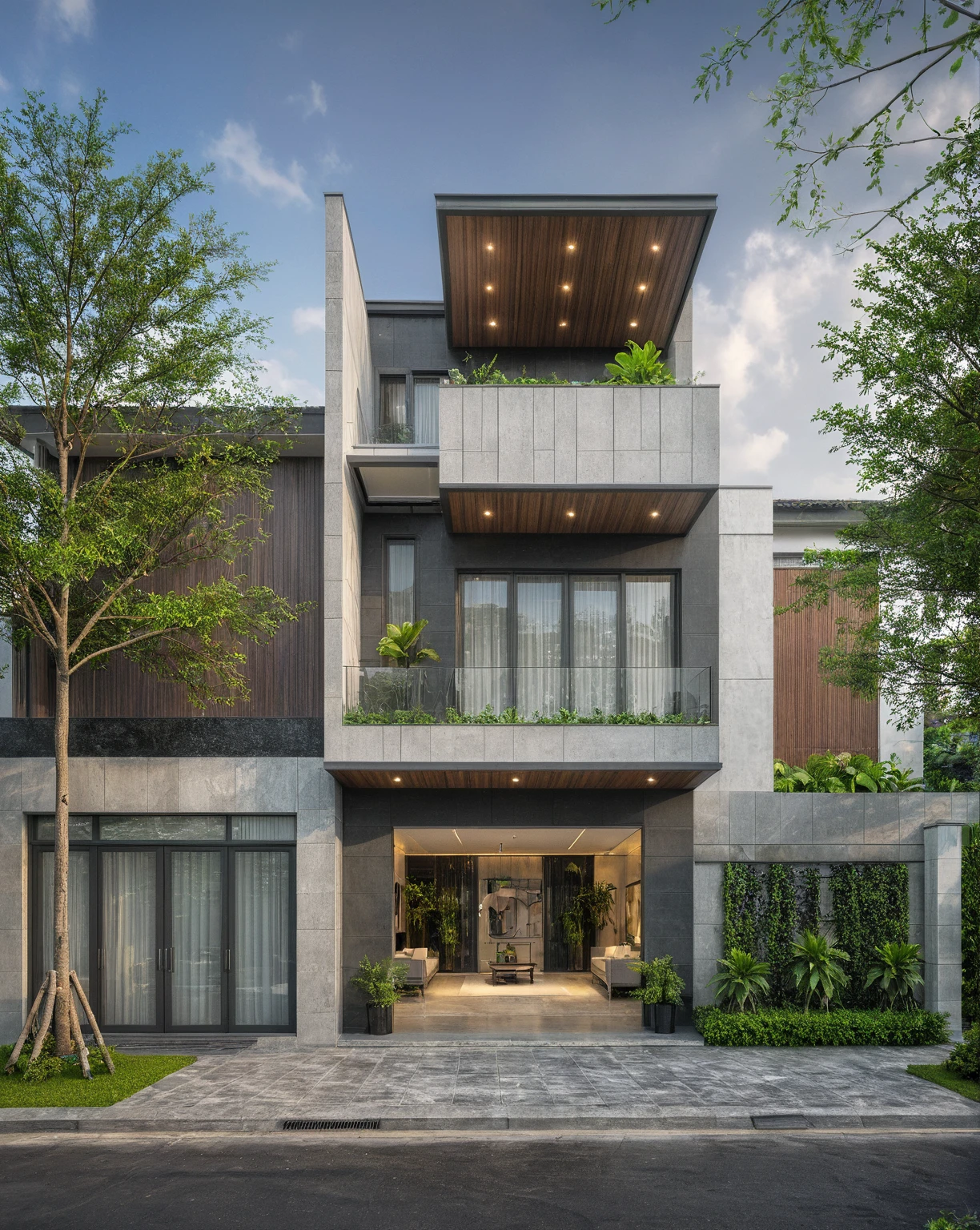 modern villa on street, (overcast lighting:1.2), tropical tree, vivid color, streetcapes, nice sky, grey and wwhite tone, (large glass door:1.2), warm interior lighting, modern material, best quality, ultra realistic, masterpiece, 17ArchiAI_XL_VL-v1
