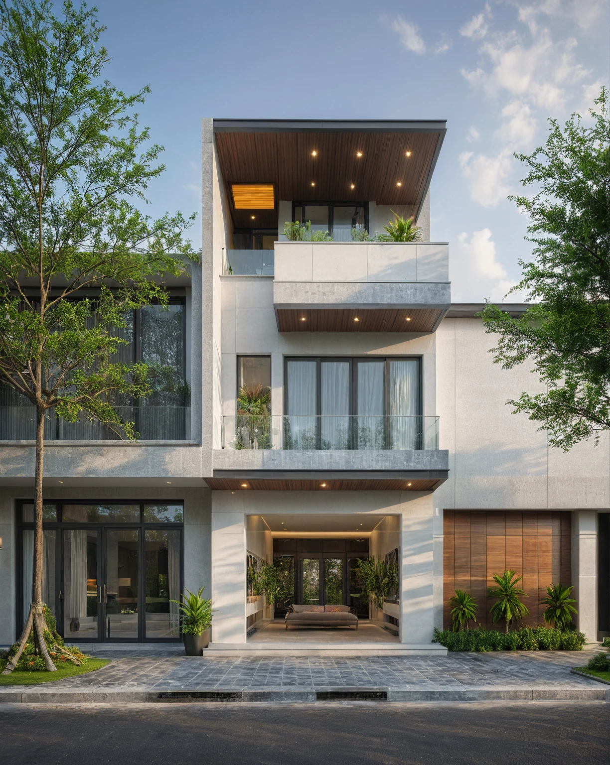 modern villa on street, (overcast lighting:1.2), tropical tree, vivid color, streetcapes, nice sky, grey and wwhite tone, (large glass door:1.2), warm interior lighting, modern material, best quality, ultra realistic, masterpiece, 17ArchiAI_XL_VL-v1
