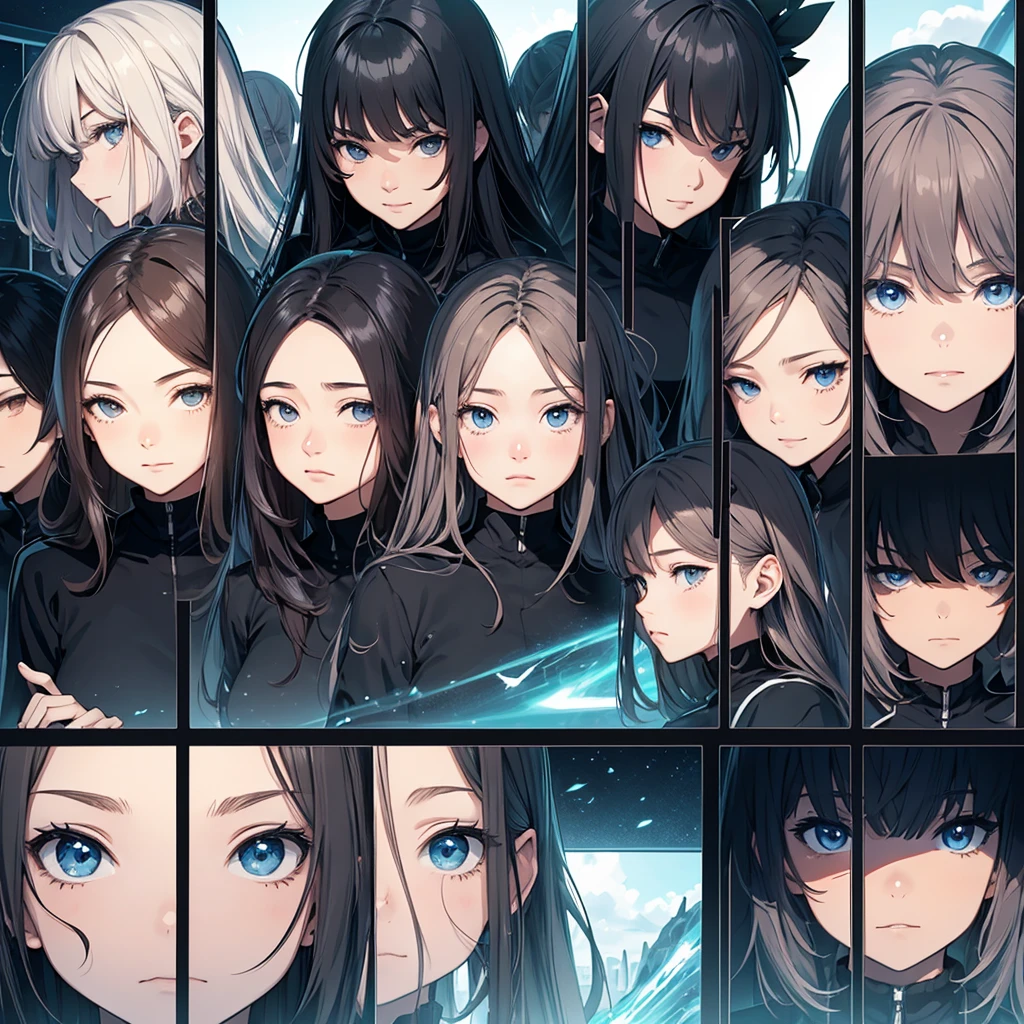 make a image in a a grid of nine panels, like a sprite sheet, in images have to be a anime girl portrait, same girl in all panels, As the sequence progresses, the character's hair becomes increasingly disheveled and animated, suggesting movement or wind action