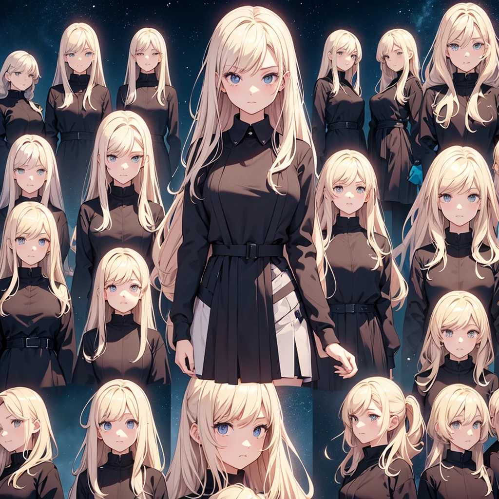 make a image in a a grid of nine panels, like a sprite sheet, in images have to be a anime girl portrait, same girl in all panels, As the sequence progresses, the character's hair becomes increasingly disheveled and animated, suggesting movement or wind action