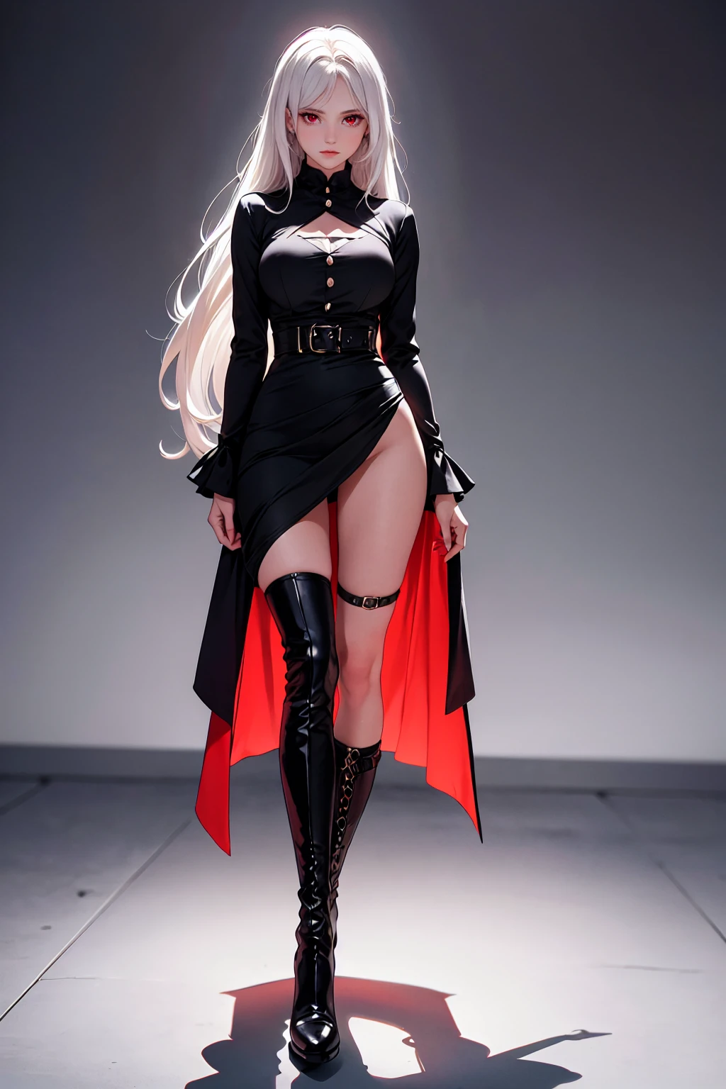 Girl, 20 years old, with long white hair down to below her waist, a serious yet tender expression, and red eyes. Her hair features black streaks. She wears antique-style clothing, a long black dress with a slit on the legs, and high black boots that almost reach her knees. Her power and background are related to shadows and darkness.