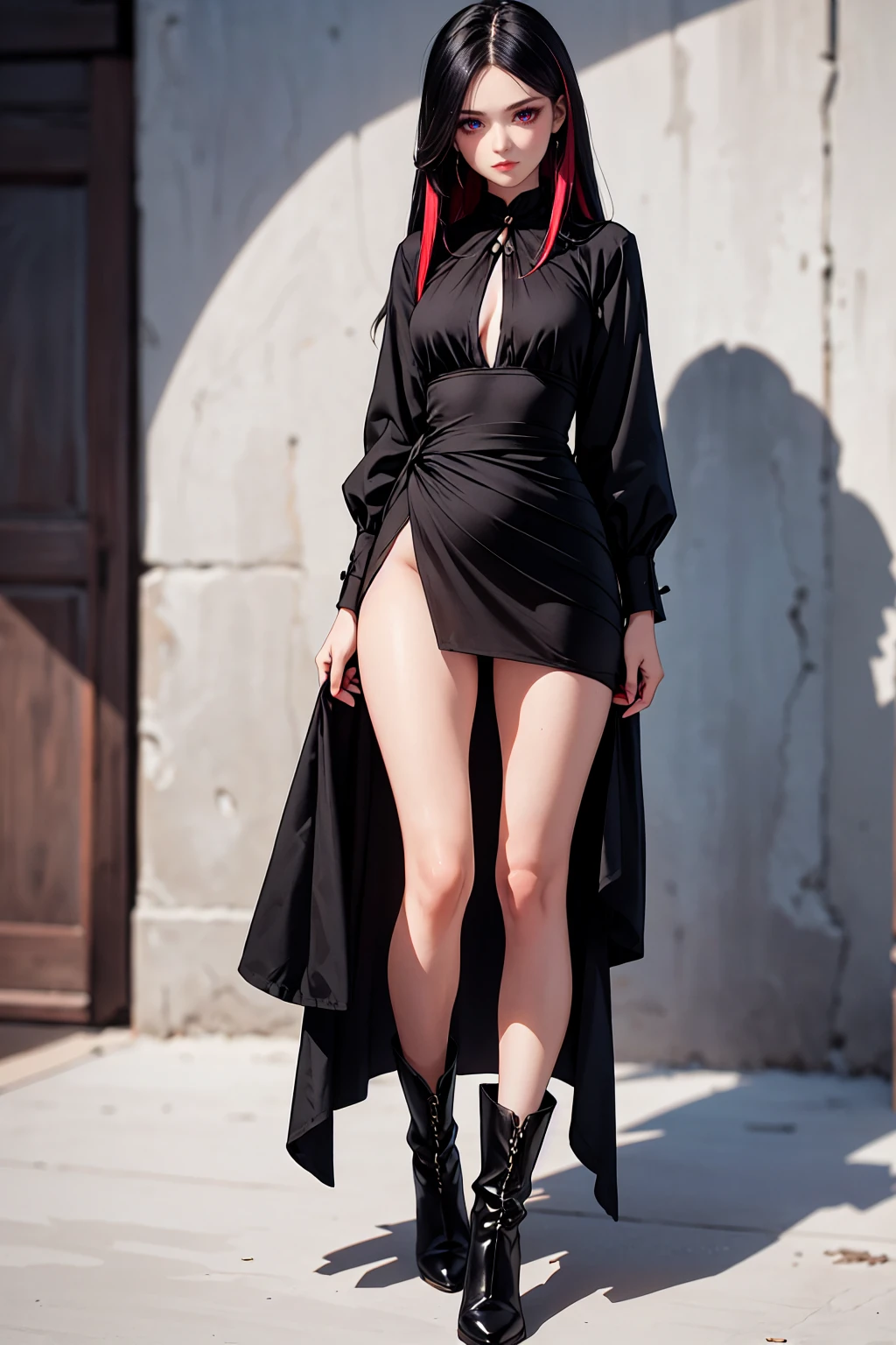 Girl, 20 years old, with long white hair down to below her waist, a serious yet tender expression, and red eyes. Her hair features black streaks. She wears antique-style clothing, a long black dress with a slit on the legs, and high black boots that almost reach her knees. Her power and background are related to shadows and darkness.