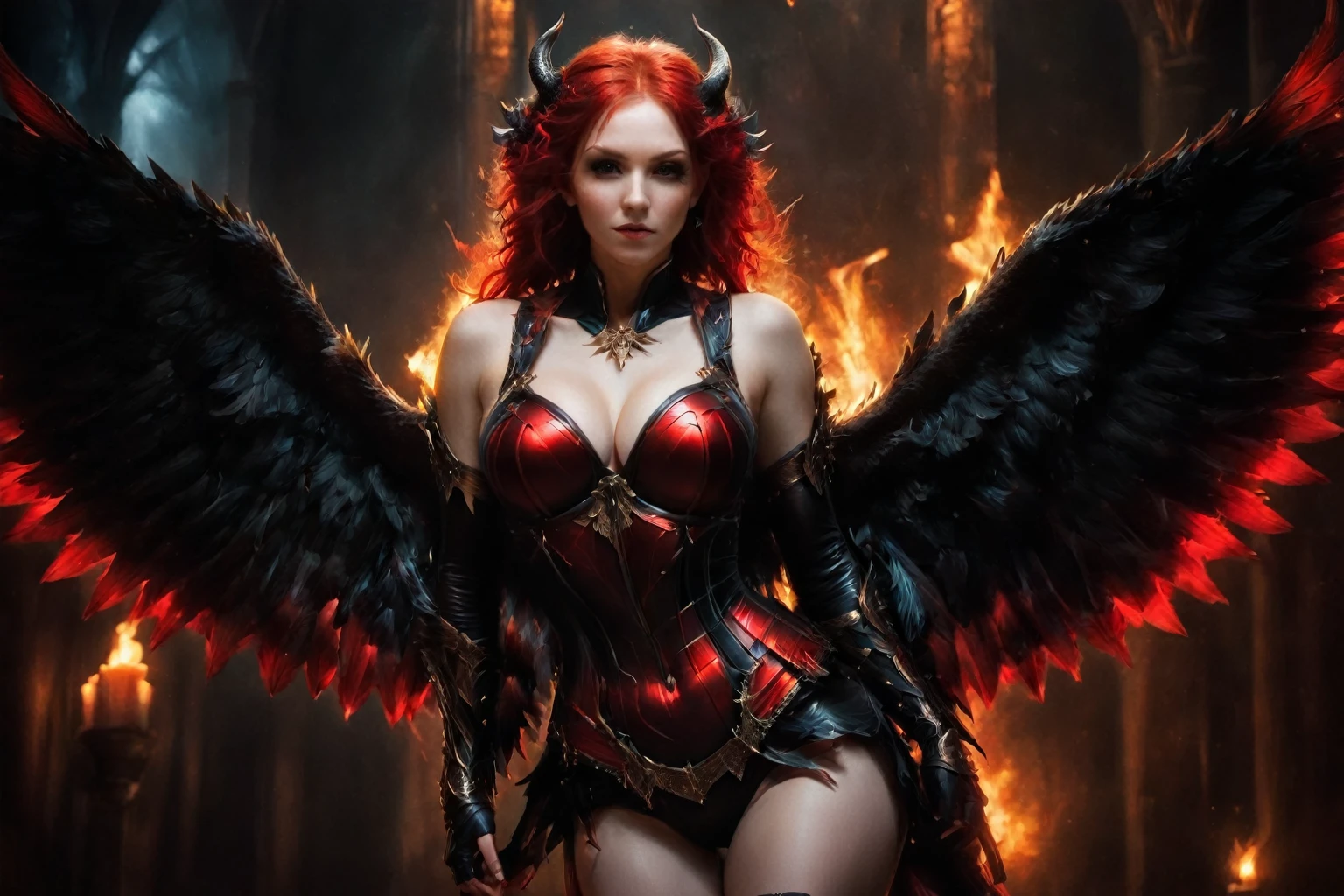 arafed woman with red hair and wings in a dark room, beautiful succubus, succubus | medieval, raven winged female vampire, succubus, diablo 4 lilith, succubus in tight short dress, gothic fantasy art, villainess has black angel wings, lilith, beautiful elegant demon queen, cinematic goddess body shot, epic fantasy art style hd, ((UHD, masterpiece, textured skin, super detail, award winning, best quality, highres, 4K))