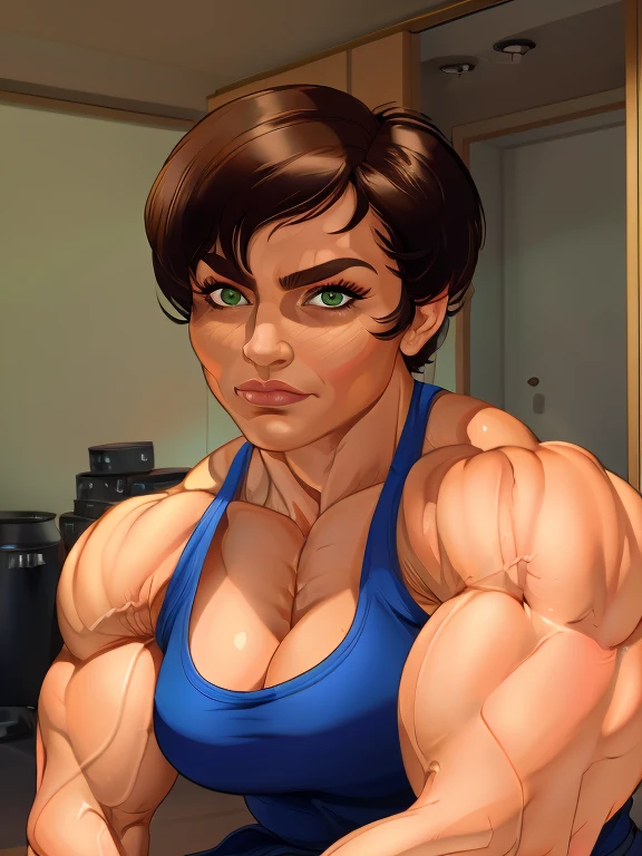 (masterpiece:1.2), (best quality), (ultra detailed), (8k, 4k, intricate),(full-body-shot:1), (highly detailed:1.2),(detailed face:1.2), (detailed background), muscle woman with dark hair, woman with huge muscles, mature woman, stern expression, green eyes
