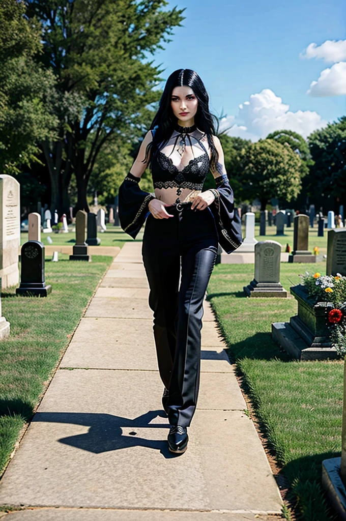 Goth woman walking through a cemetery 、Big 、Show your pants