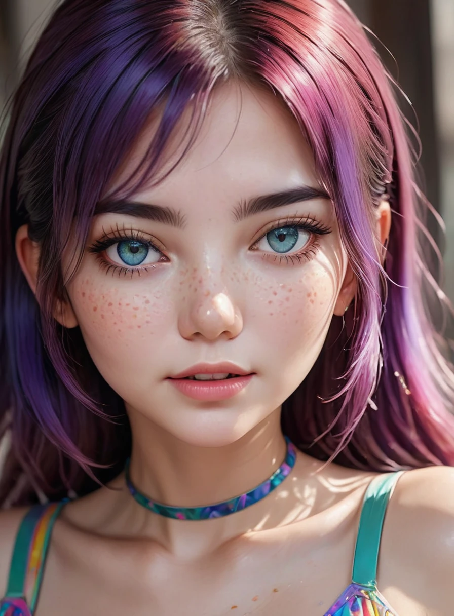 ((ultra detailed)),((Bright eyes)), (Detailed eyes) , 8k, CASUAL, (The Little Faux Freckles Makeupgirl), ((realistic skin)), ((focus detailed 2 straps on the shoulders of dress)) , ((shiny facial skin)), with colorful hair and a colorful dress, rossdraws pastel vibrant, vibrant, 8k, beautiful portrait, artgerm colorful!!!, ! dream artgerm, beautiful THAI girl, wallpaper 8k, PHOTO REAL, extremely detailed artgerm, HIGH RESOLUTION 