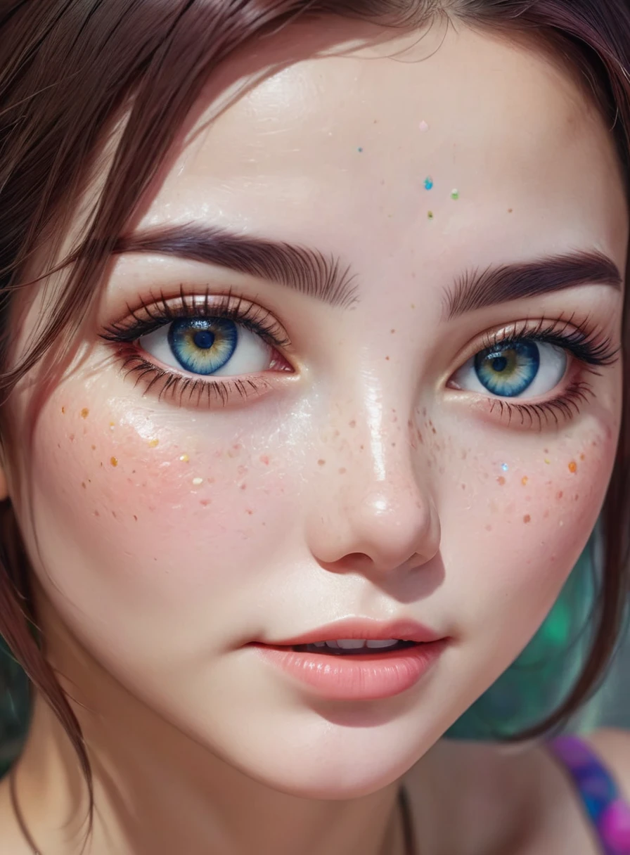 ((ultra detailed)),((Bright eyes)), (Detailed eyes) , 8k, CASUAL, (The Little Faux Freckles Makeupgirl), ((realistic skin)), ((focus detailed 2 straps on the shoulders of dress)) , ((shiny facial skin)), with colorful hair and a colorful dress, rossdraws pastel vibrant, vibrant, 8k, beautiful portrait, artgerm colorful!!!, ! dream artgerm, beautiful THAI girl, wallpaper 8k, PHOTO REAL, extremely detailed artgerm, HIGH RESOLUTION 