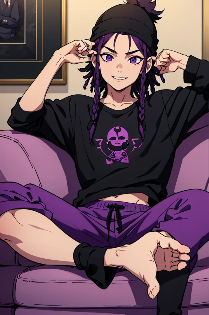 1guy, male, small, sitting on a couch, purple sweatpants, baggy sweatpants, black t-shirt with purple graphics, oversized shirt, bandage on nose, black dreads, black beanie, happy, hand up, smiling