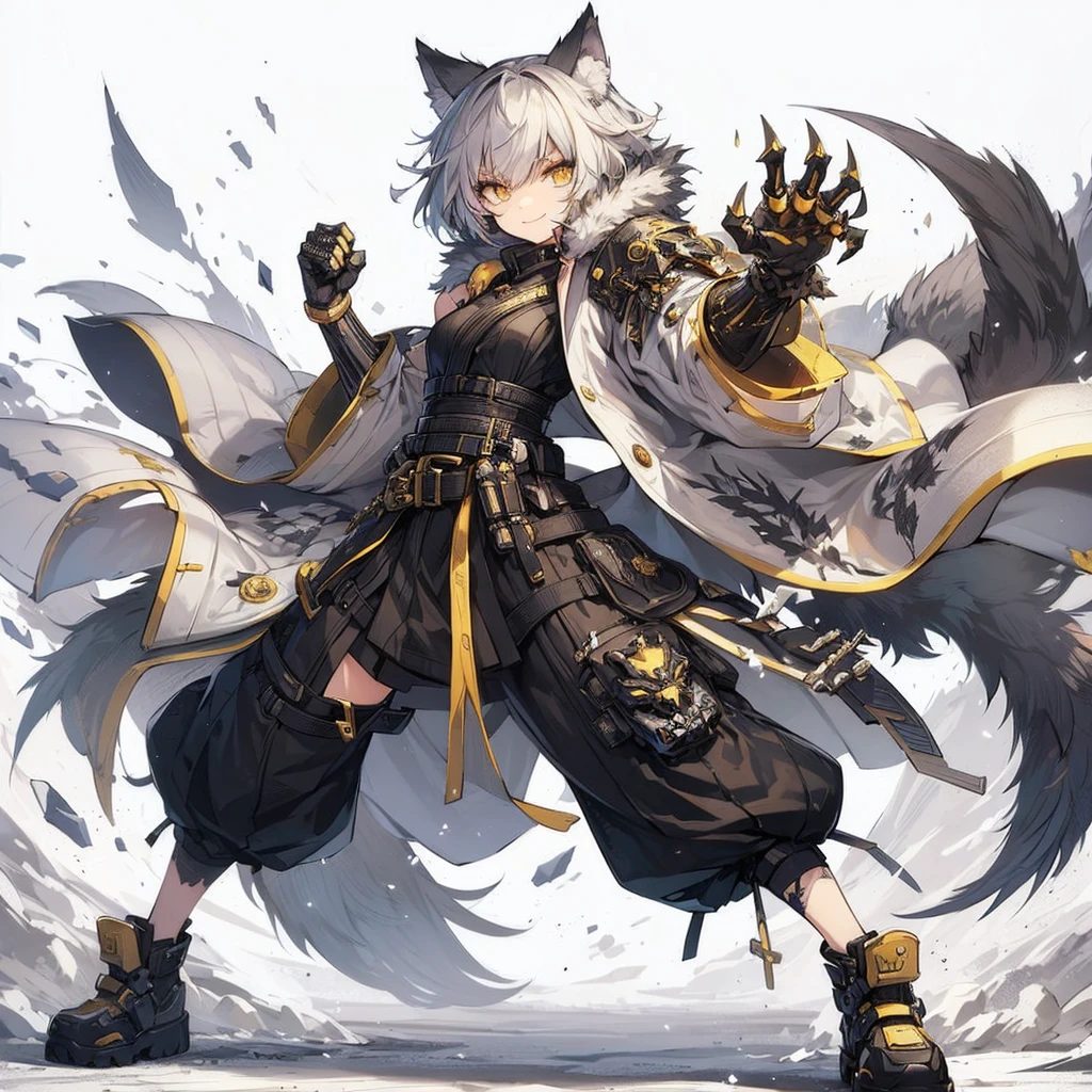 (Masterpiece, top quality), (fine hair), super detailed, anime style, solo, full body, cyberpunk gang girl, massive, white with yellow mixed with very short hair, gold eyes, right hand modified into a fearsome claw called the Claws of Horus. Left hand is a bare fist, fanged mask, black cyber-kimono with gold trim, judo belt, wolf fur shoulder guard and wolf fur cape, long boots, supernatural lightning bolt, white background, full body standing, standing on desolate earth. winning smile.