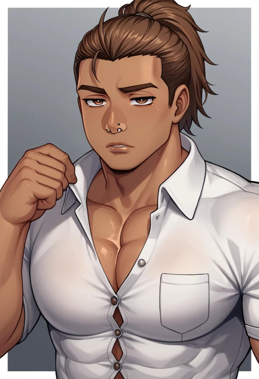 Tall, muscular man with Dark brown skin, hazel brown eyes, twisted mid length hair pulled back into a ponytail, sharp chiseled features, button nose, half lidded sharp eyes, plump two toned lips, tired expression