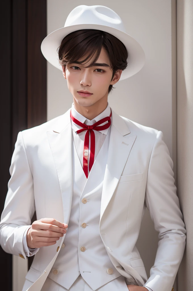 Brunette man in white suit, white hat red ribbon
