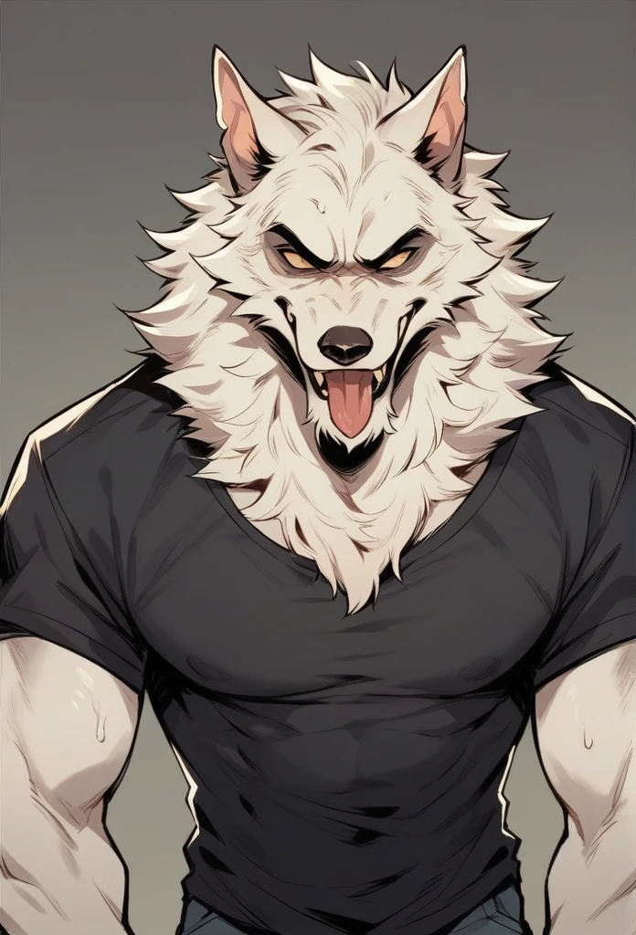 young guy, mature, ears big, naughty look, smiling, black shirt, looking forward, tongue out, werewolf