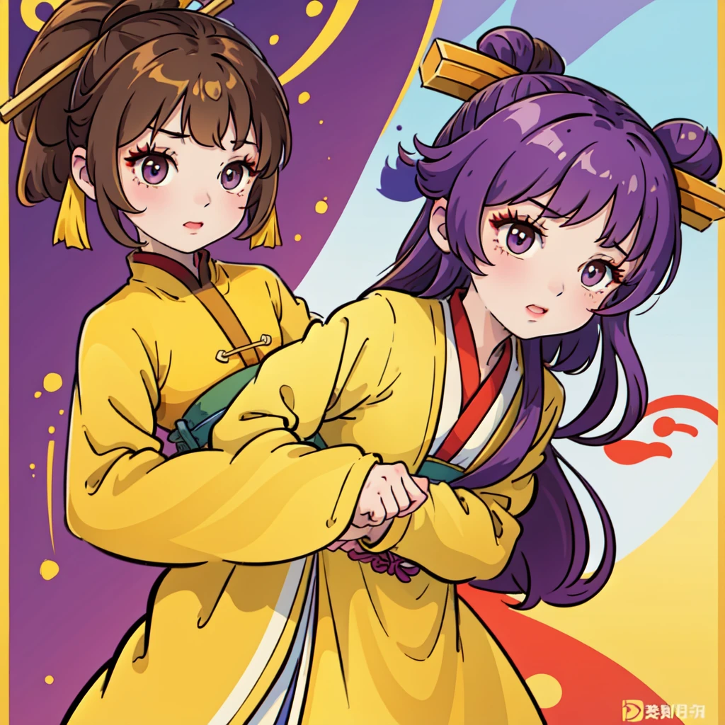 ((Best Quality, ancient china, 1 girl) brown fur ((bun hairstyle)) , purple eyes, yellow tunic ((completely yellow))
