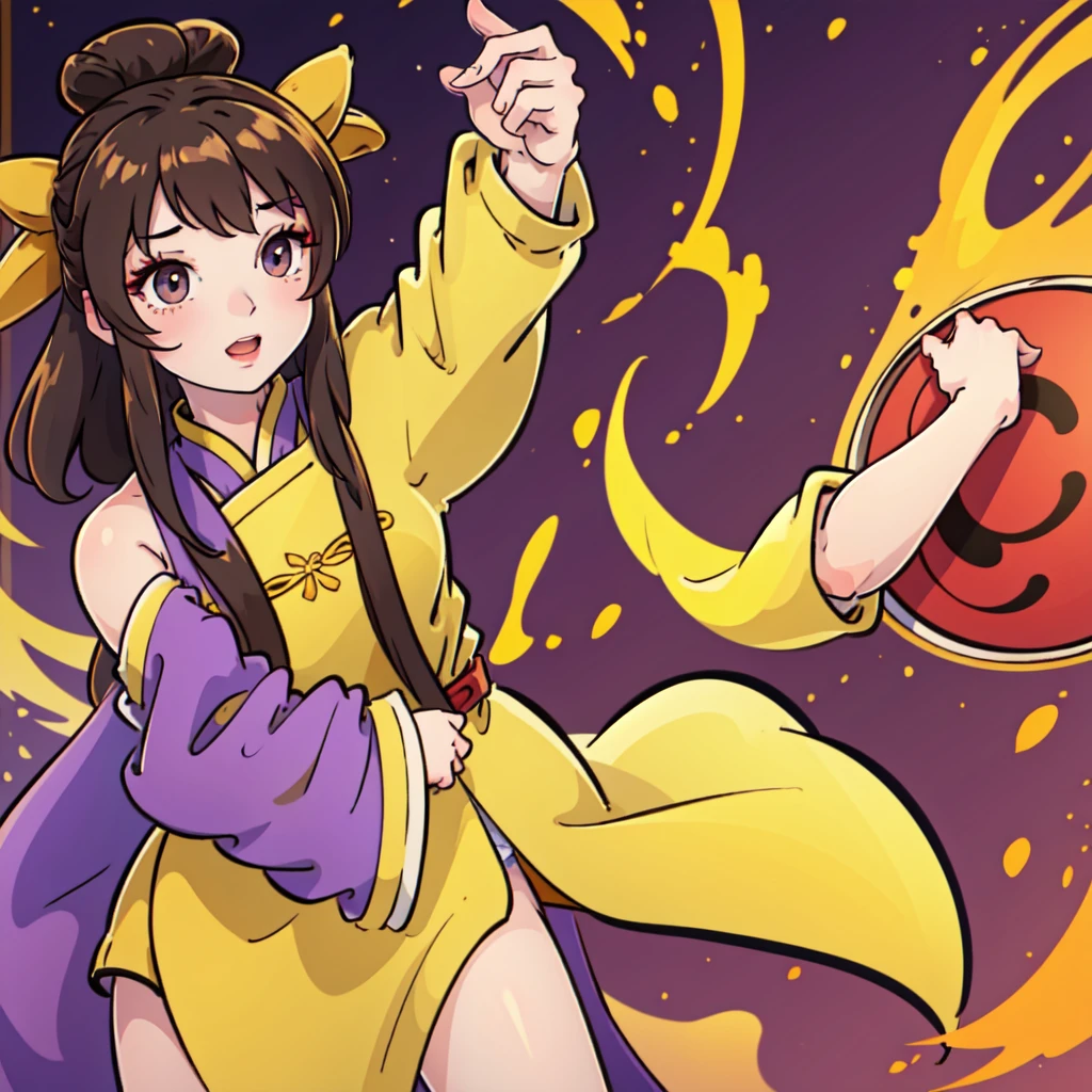 ( Best Quality, ancient china, A girl, Chinese long tunic in pastel yellow color with touches of strong yellow), long brown hair, purple eyes

