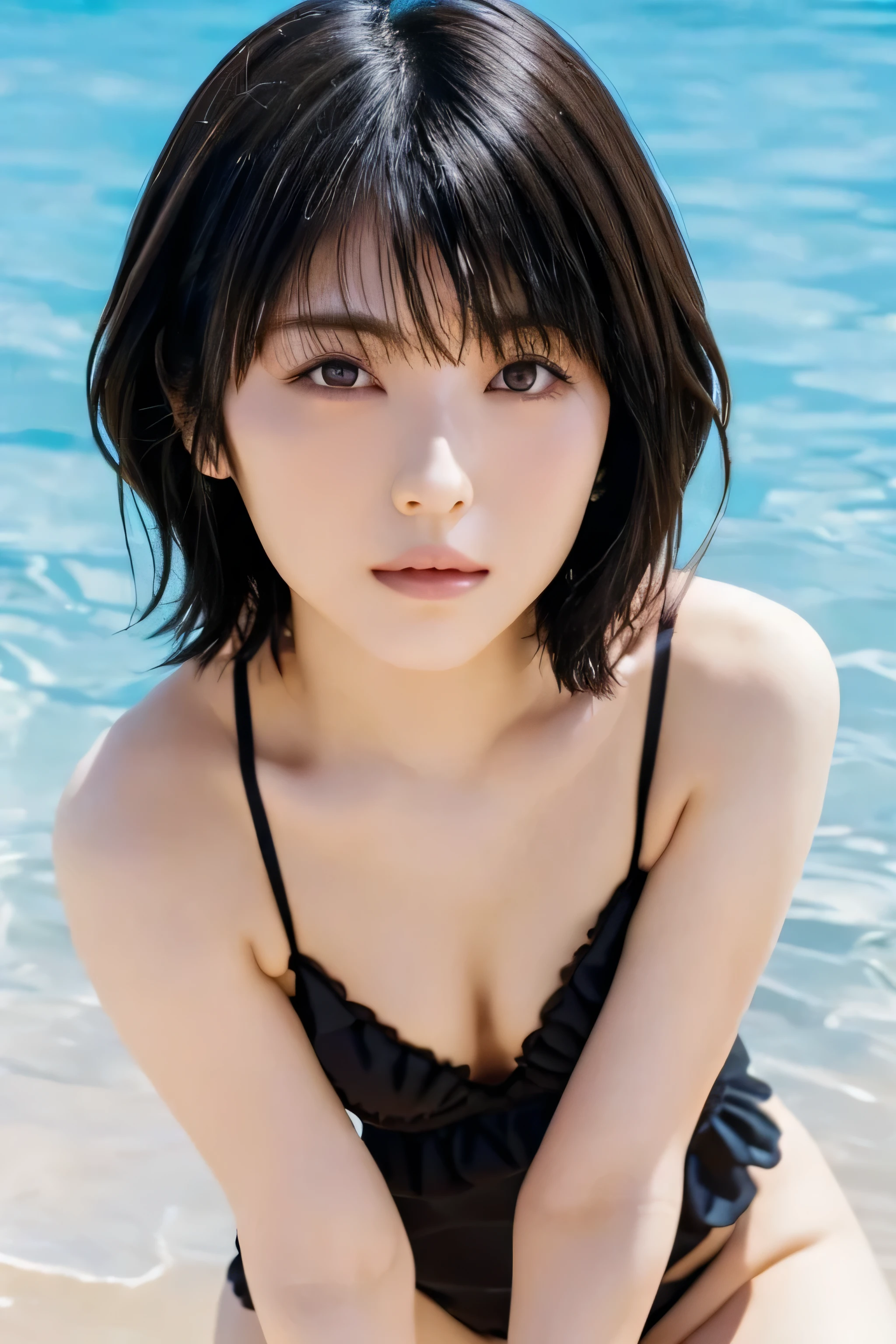 Masterpiece ,high resolution ,raw photo ,8K resolution ,beautiful face ,detailed face ,detailed finger ,detailed body ,very detailed ,solo, 1 woman, Korean, short brown hair, brown eyes, sitting on the beach sand, wearing a black bikini, glowing skin,