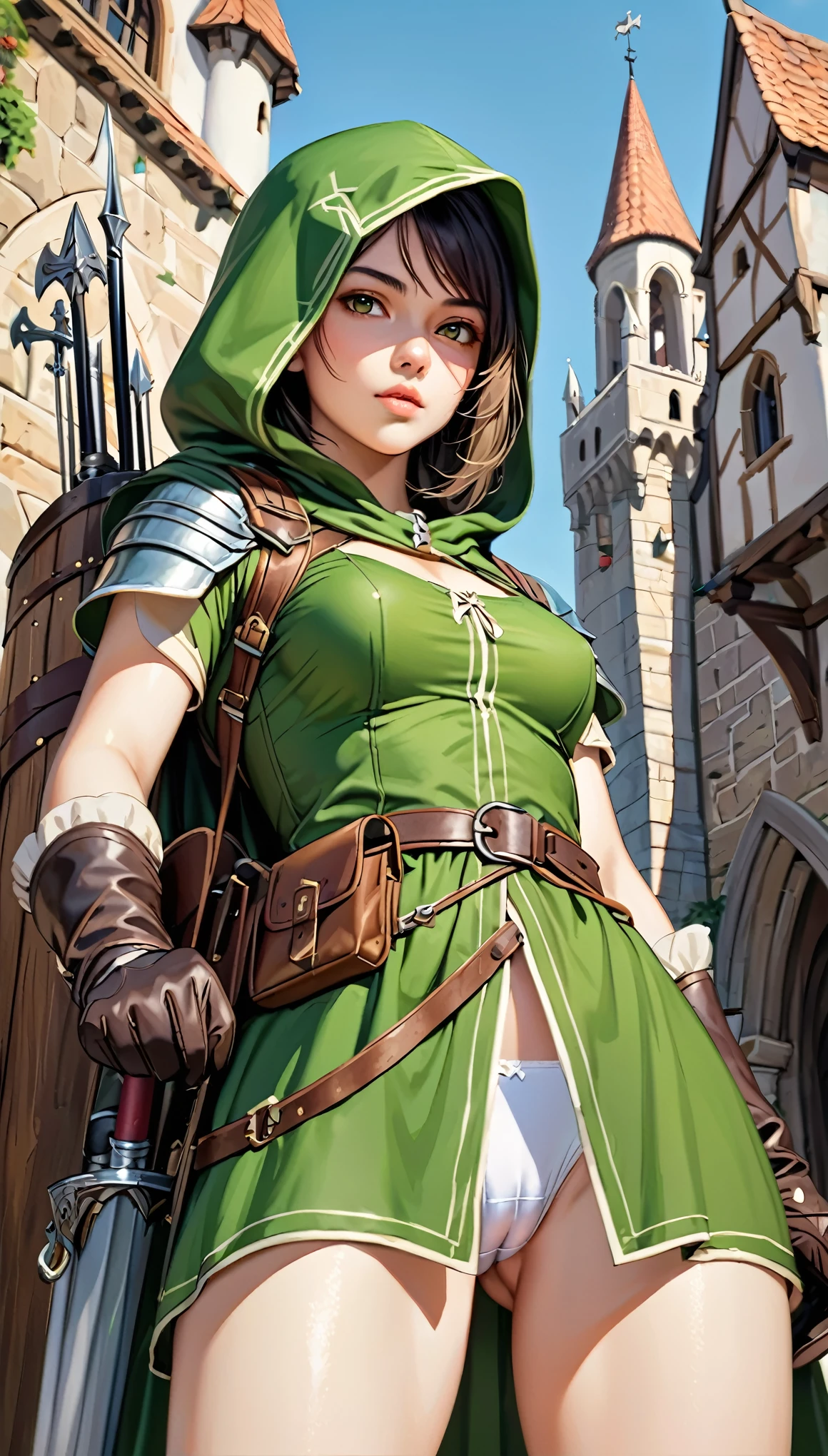 (Female ranger), beatiful girl, thin girl, thin waist, small breast, slender legs, gap between thighs, leather armor, leather gloves, green hood, short dress, (green dress), quiver on her back, from below, (showing her Panties), white panties, (cameltoe), cowboy shot ,medieval fantasy, D&D, RPG, best quality, masterpiece, ultra-realistic, 8k