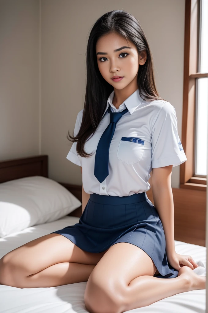 Best Quality, high resolution, Photo Shot, (Photorealistic:1.4), 1girl in, muscular Girls, Muscle Girl, large breasts, wide shoulder, thick body 
Sexy , (indonesian highschool uniform) , wearing white shirt, wearing grey blue short skirt, standing, Looking at Viewer, Cute, Full body, Detailed eyes, Detailed face, seltry, detail skin, close up