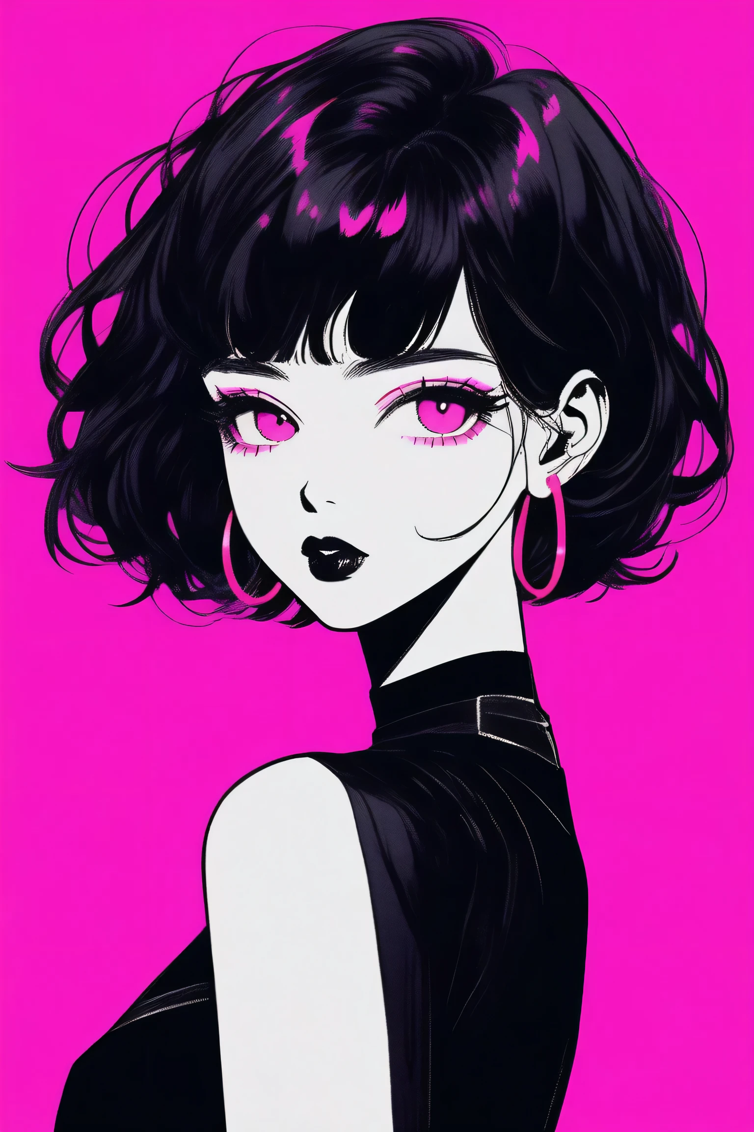 (Best quality, sketch:1.2),realistic,illustrator,anime,1 girl, detailed lips, black dress,custom, (dark monochrome background),neon hair,Textured trim, masterpiece, retro classic style, dark black, art, sketch book, (black bob hair:1.75 neon:1.32), bad women , dark monochrome background 