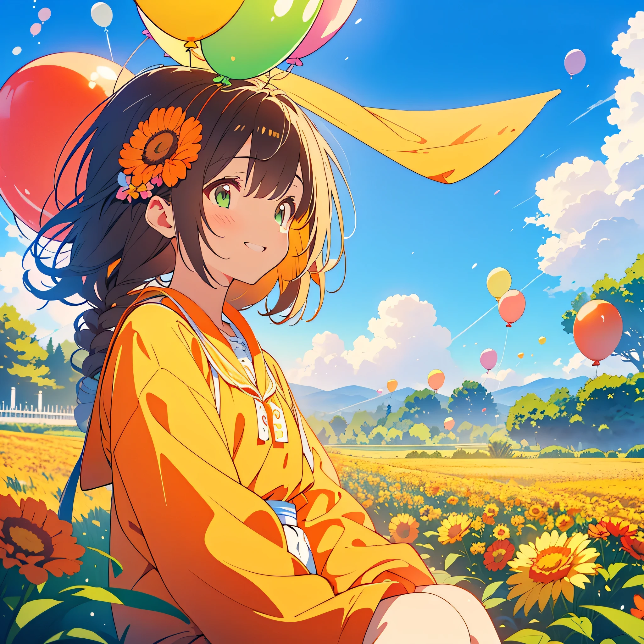 kawaii, anime, Cute, hyper quality, highly detailed, 8k, Clarity, dark brown long hair, smile, green eyes, round marigold, orange round marigold flower field, round marigold flower field, sit on a flowering hill, colorful balloons, balloons are flying in the sky, flower garden, morning dew, Shining light, particles of light, dazzling smile, Draw facial expressions in detail, Draw the eyes in detail, white casual clothes, A breeze flows, celebration, A large number of balloons fly into the sky, look up at the sky, A dynamic posture, balloon, clear blue sky, curled marigold, happy birthday, blue sky, clear sky, rainbow colored balloons, colorful balloons, release a large number of balloons into the sky, upper body, hold one's hand in the sky,