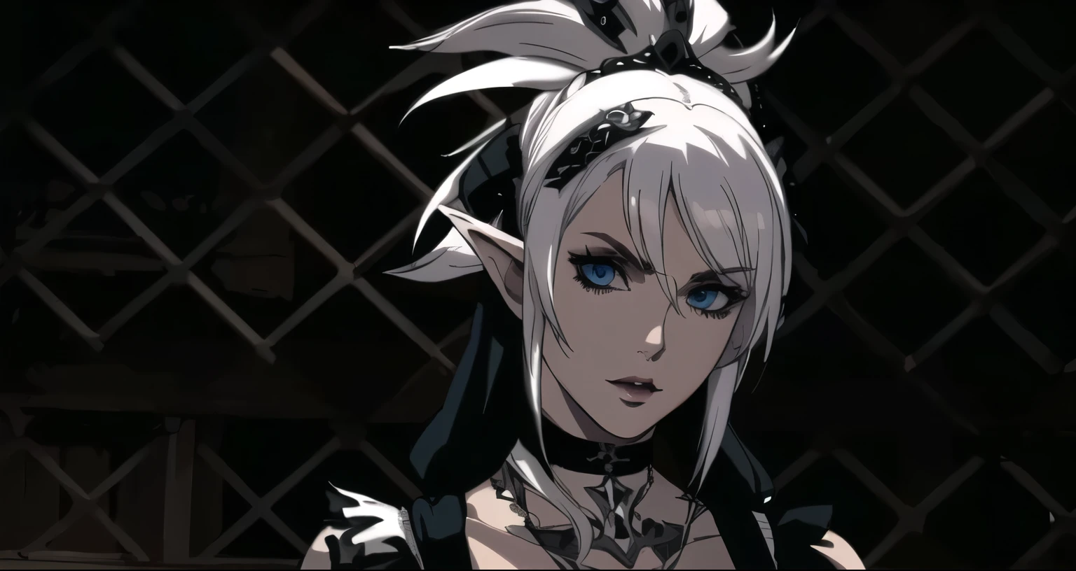 there is a woman with a very long hair and a very short top, , nier inspired, character close-up,  gothic face, white-hair pretty face,  dark elf, close up character, castlevania style, very pale skin