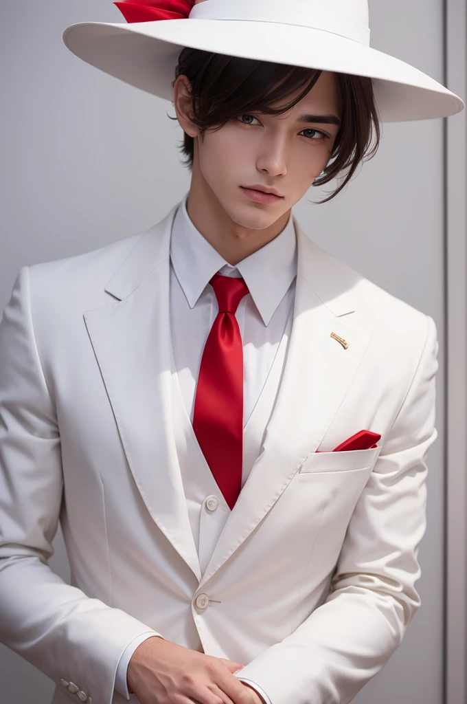 Brunette man in white suit and red tie, white hat red ribbon
