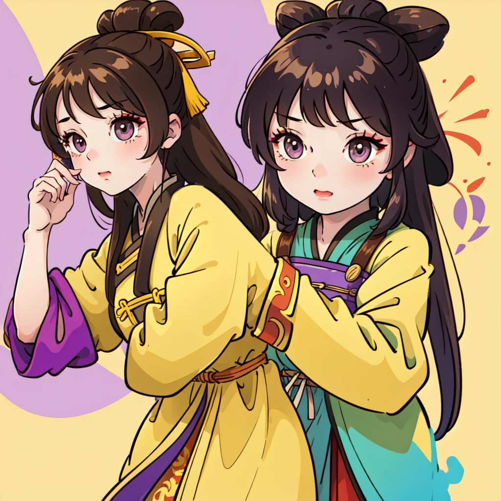( Best Quality, ancient china, A girl, Chinese long tunic in pastel yellow color with touches of strong yellow), long brown hair, purple eyes