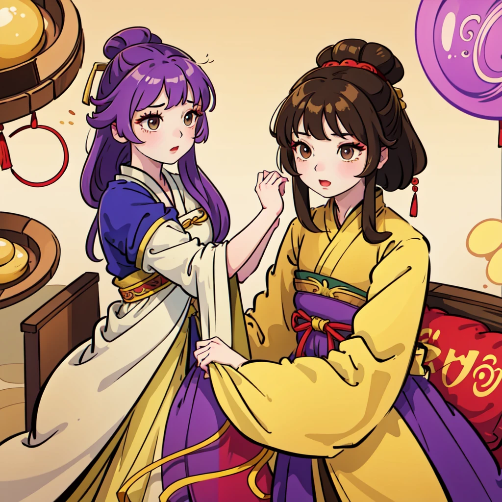 ( Best Quality, ancient china, A girl, Chinese long tunic in pastel yellow color with touches of strong yellow), long brown hair, purple eyes