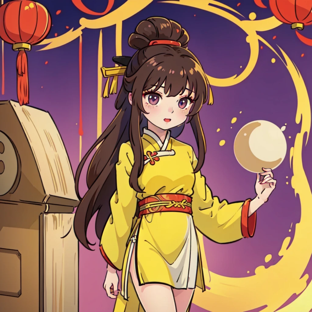( Best Quality, ancient china, A girl, Chinese long tunic in pastel yellow color with touches of strong yellow), long brown hair, purple eyes
