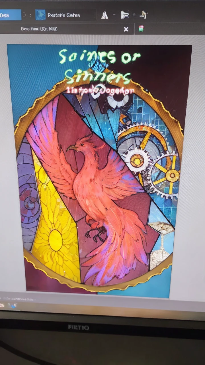 book cover, a phoenix in the center of a broken stained glass window below an hourglass with fire inside, next to gears on the other side a sun and a spiral