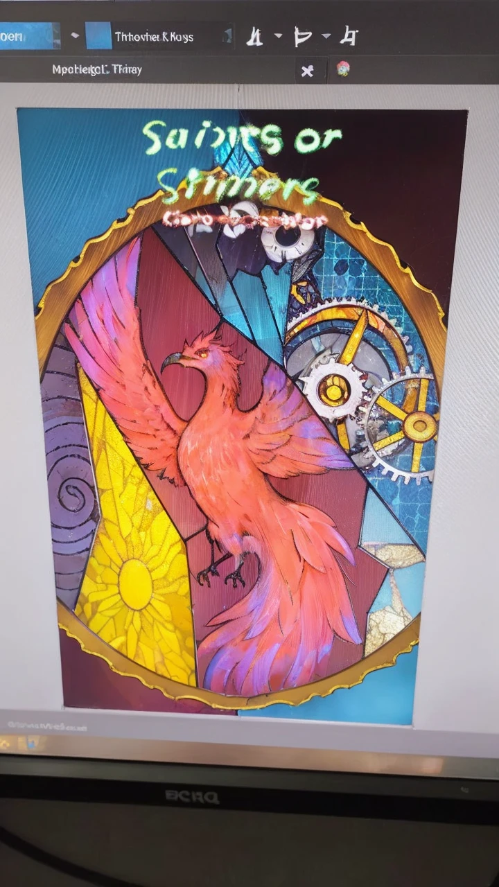 book cover, a phoenix in the center of a broken stained glass window below an hourglass with fire inside, next to gears on the other side a sun and a spiral
