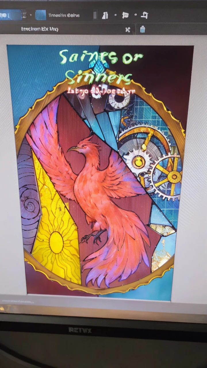 book cover, a phoenix in the center of a broken stained glass window below an hourglass with fire inside, next to gears on the other side a sun and a spiral