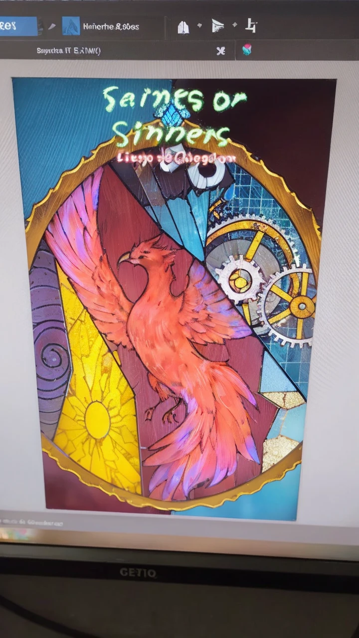 book cover, a phoenix in the center of a broken stained glass window below an hourglass with fire inside, next to gears on the other side a sun and a spiral