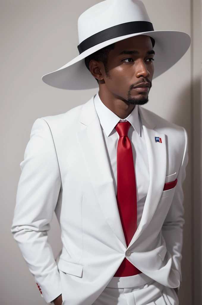 Black man in white suit and red tie, white hat red ribbon