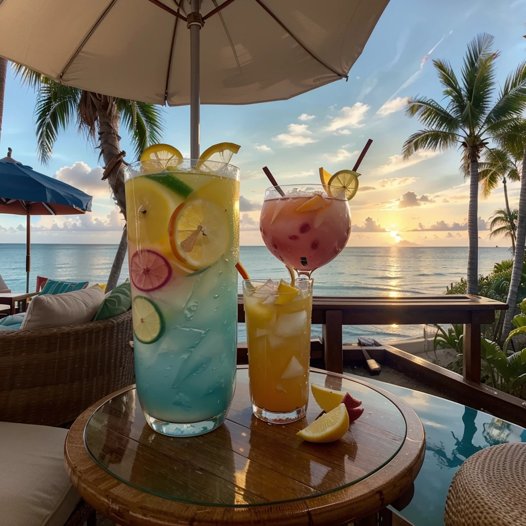 The painting depicts a luxurious, oversized cocktail glass filled with a vibrant, layered concoction of tropical fruits and juices. Suspended within the drink are whimsical elements that evoke the atmosphere of an exotic vacation. At the base of the glass, sliced pineapple wedges, juicy mango chunks, and bright red dragonfruit create a colorful foundation. Floating atop this fruity base are small, brightly colored umbrellas, evoking the playful spirit of a beach-side cabana. Nestled amidst the fruit are miniature figurines of people lounging in hammocks, capturing the essence of relaxation and leisure. The cocktail glass itself is positioned on a wooden table or bar, with the setting sun visible through a window or opening in the background. The warm, golden tones of the sunset cast a dreamy, atmospheric glow over the entire scene, further enhancing the sense of tranquility and escape. To add depth and interest, small details like tropical flowers, seashells, or tiny palm tree figurines could be scattered around the base of the cocktail glass, creating a lush, island-inspired tableau. The overall composition should feel like a whimsical, larger-than-life interpretation of the perfect vacation-inspired cocktail. The realistic style you requested will be achieved through careful attention to detail, vibrant colors, and a masterful blend of the various elements - both realistic and imaginative - into a cohesive and visually stunning work of art.
