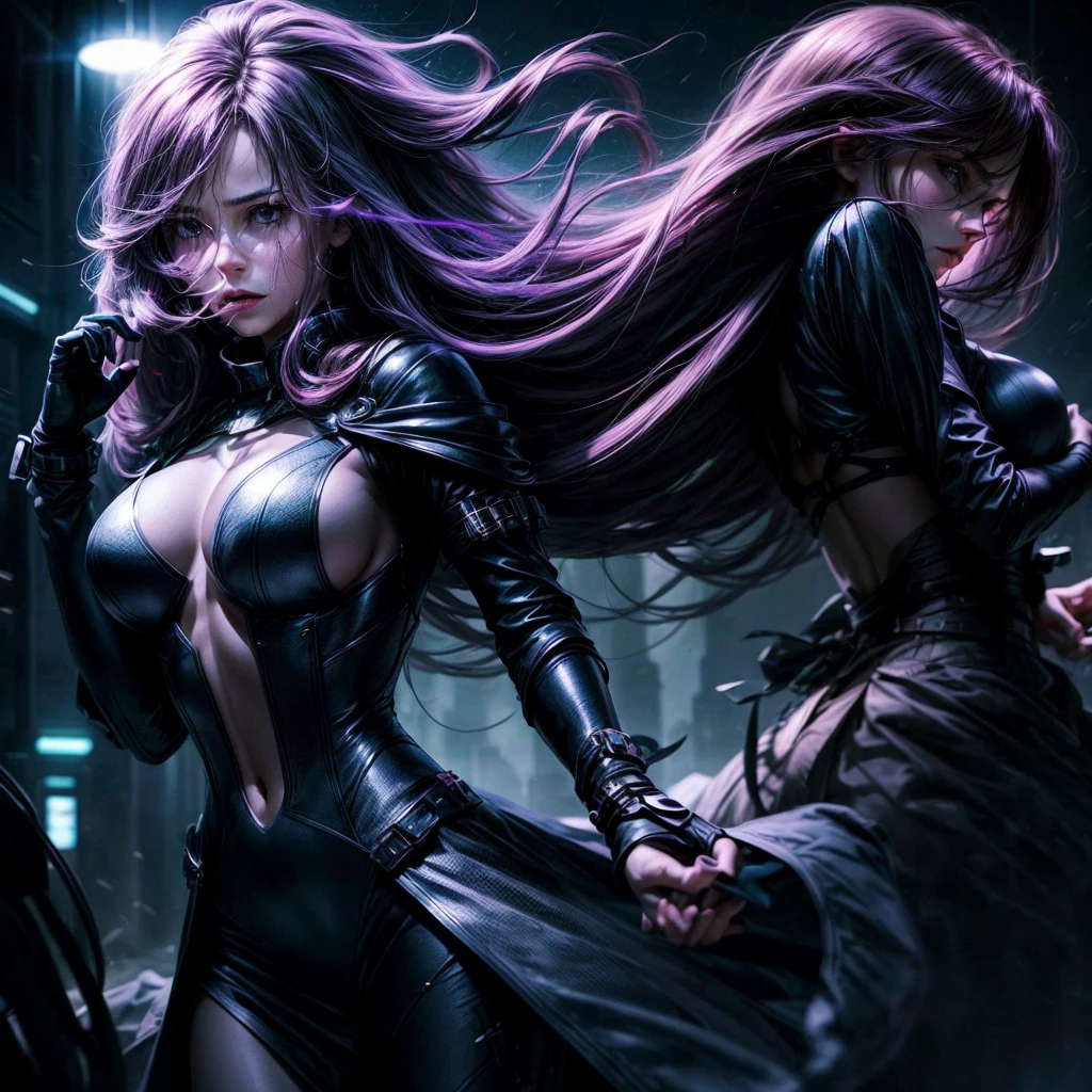 Hyperealism future fantasy a women with a big fast heartbeat, perfect posture,hands up,windblown long hair,faint streaks of light,cerise pulse mystery, midnight blue environment, dramatic situations.