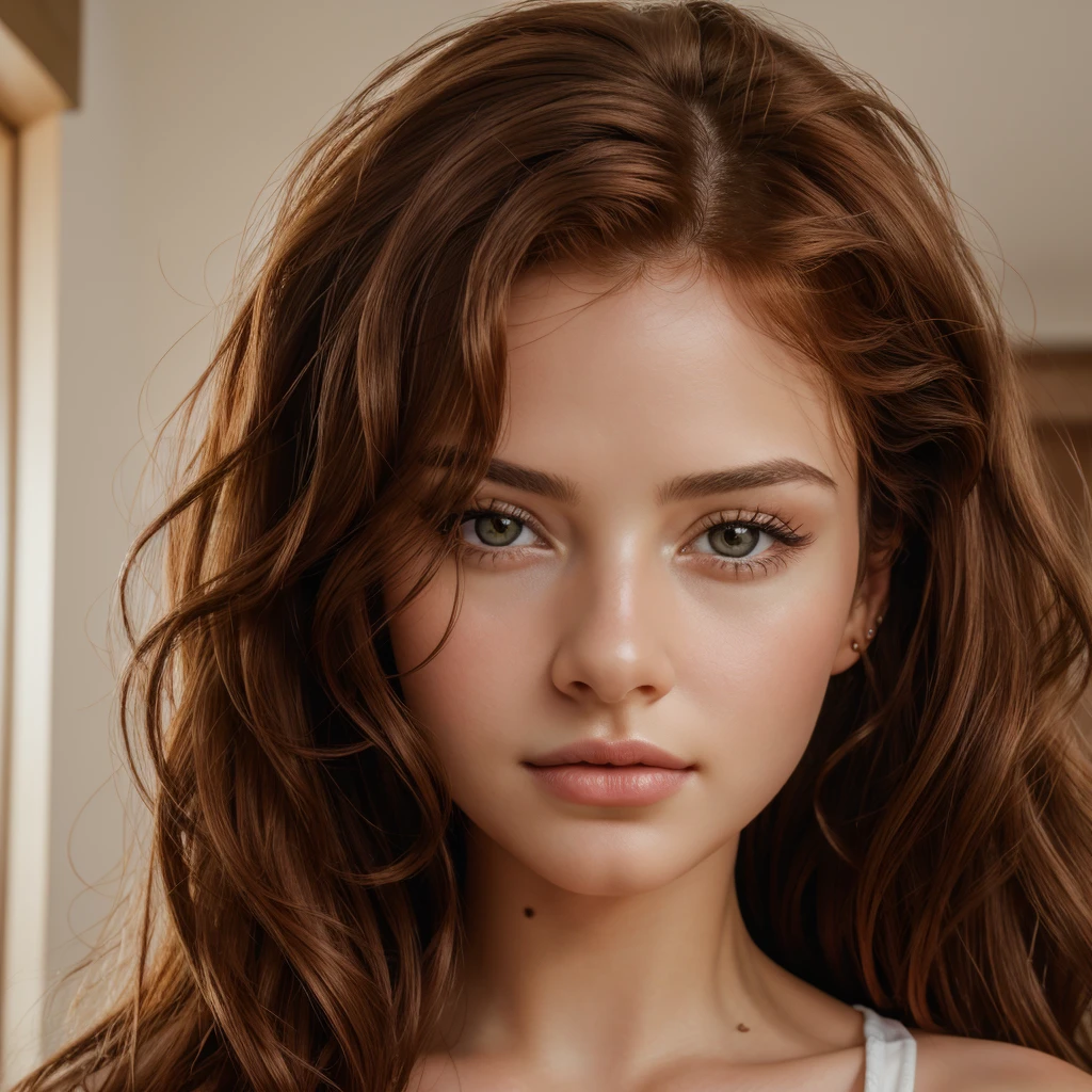 8k, raw photo, best quality, masterpiece, realistic, photo realistic, clear, professional lighting, beautiful face, best quality,ultra high res, realistic european beautiful, brown eyes, wavy red hair, cupid's bow lips, soft expression,Super detailed, 1girl, indoor, dutch angle