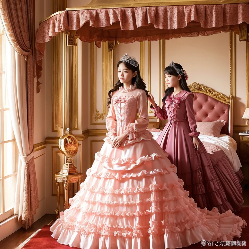 highest quality, masterpiece, highest resolution, artwork, super それにget used to it, many get used to it, get used to it, それにget used to it, woman, 10 years old,the two girls are princesses,pink victorian voluminous ball gown dress,long sleeve,long dress,A dress with lots of frills and ribbons..,luxury,Tzu-kiss,inside the palace bedroom,A luxurious canopy bed in the back,