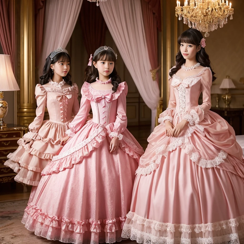 highest quality, masterpiece, highest resolution, artwork, super それにget used to it, many get used to it, get used to it, それにget used to it, woman, 10 years old,the two girls are princesses,pink victorian voluminous ball gown dress,long sleeve,long dress,A dress with lots of frills and ribbons..,luxury,Tzu-kiss,inside the palace bedroom,A luxurious canopy bed in the back,